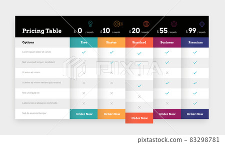 Comparison table. Business plan pricing grid and chart. Web banner of comparing prices and cost of services. Features checklist. Promotion infographic mockup. Vector product spreadsheet 83298781