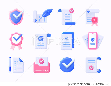 Realistic check icons. 3D plastic approve symbol and quality guarantee certificate. Document agreeing and signing offer. Emblems mockup with checkmarks and papers. Vector signs set 83298782