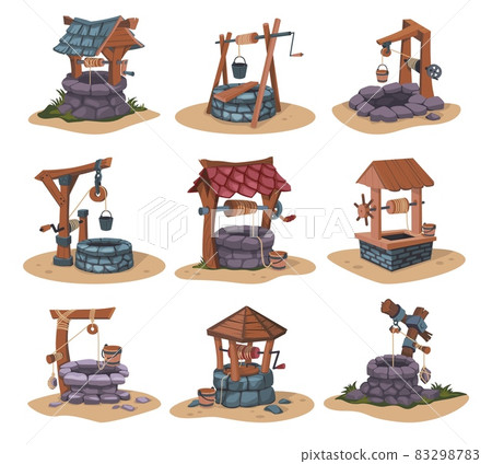 Cartoon village water well. Rustic country aqua source with bucket and handle made of wood and stone. Ancient liquid extraction construction. Vector countryside landscape elements set 83298783