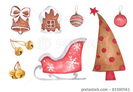 Set of Christmas decorations. Watercolor elements on white background. Set of Christmas decorations. Watercolor elements on white background. 83300561