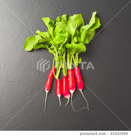 Overhead shot of pink radishes. Top view Overhead shot of pink radishes. Top view 83302044