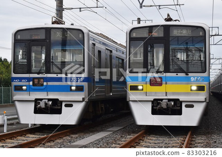 Hokuso Railway 7300 and Chiba New Town Railway 9800 lined up at the depot 83303216
