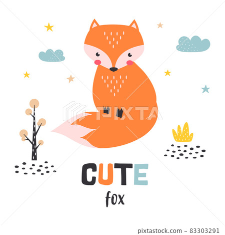 card with cute fox isolated on white background 83303291