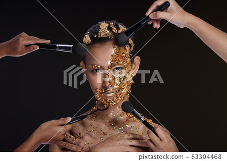 Gold Leaf High fashion style on Asian Woman Face dark mystery look Gold Leaf High fashion style on Asian Woman Face dark mystery look 83304468