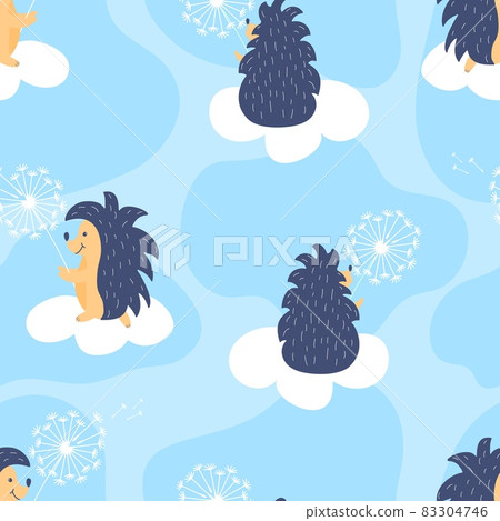 Seamless pattern with hedgehog on sky, clouds, spots and dandelion. Vector kids background Seamless pattern with hedgehog on sky, clouds, spots and dandelion. Vector kids background 83304746