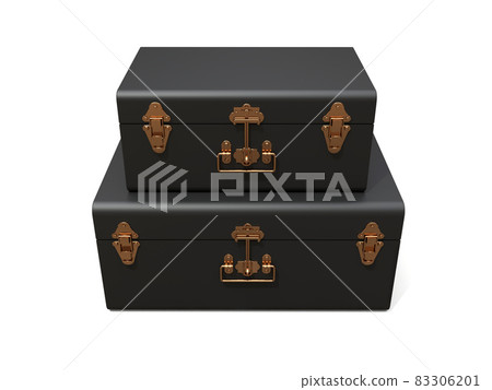 Set of two black leather suitcases with exquisite clasps. Classic premium design with centuries-old traditions. Modern new product in vintage style. 3d illustration. Set of two black leather suitcases with exquisite clasps. Classic premium design with centuries-old traditions. Modern new product in vintage style. 3d illustration. 83306201