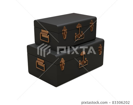 Set of two black leather suitcases with exquisite clasps. Classic premium design with centuries-old traditions. Modern new product in vintage style. 3d illustration. Set of two black leather suitcases with exquisite clasps. Classic premium design with centuries-old traditions. Modern new product in vintage style. 3d illustration. 83306202