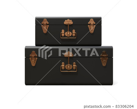 Set of two black leather suitcases with exquisite clasps. Classic premium design with centuries-old traditions. Modern new product in vintage style. 3d illustration. 83306204