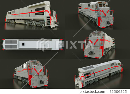 Modern gray diesel railway locomotive with great power and strength for moving long and heavy railroad train. 3d rendering. 83306225