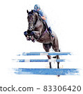 Jockey on horse. Black Horse. Champion. Horse riding. Equestrian sport. Jockey riding jumping horse. Poster. Sport. White background. Isolated watercolor Illustration 83306420