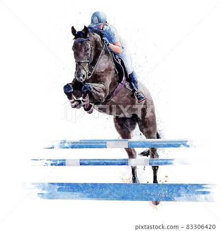 Jockey on horse. Black Horse. Champion. Horse riding. Equestrian sport. Jockey riding jumping horse. Poster. Sport. White background. Isolated watercolor Illustration 83306420