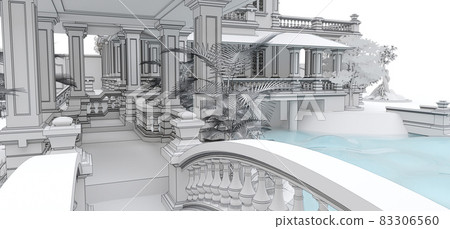 Large Asian-style villa with garden, pool and tennis court. The building and the territory in contour lines with soft scattered shadows. 3d illustration. Large Asian-style villa with garden, pool and tennis court. The building and the territory in contour lines with soft scattered shadows. 3d illustration. 83306560