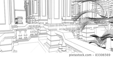 Large Asian-style villa with garden, pool and tennis court. The building and the territory in contour lines with soft scattered shadows. 3d illustration. 83306569