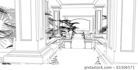 Large Asian-style villa with garden, pool and tennis court. The building and the territory in contour lines with soft scattered shadows. 3d illustration. Large Asian-style villa with garden, pool and tennis court. The building and the territory in contour lines with soft scattered shadows. 3d illustration. 83306571