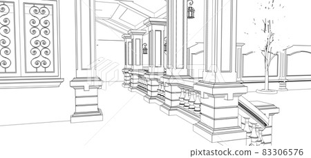 Large Asian-style villa with garden, pool and tennis court. The building and the territory in contour lines with soft scattered shadows. 3d illustration. Large Asian-style villa with garden, pool and tennis court. The building and the territory in contour lines with soft scattered shadows. 3d illustration. 83306576