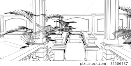 Large Asian-style villa with garden, pool and tennis court. The building and the territory in contour lines with soft scattered shadows. 3d illustration. 83306587