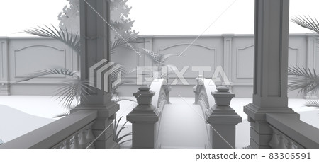 Large Asian-style villa with garden, pool and tennis court. The building and the territory with soft scattered shadows. 3d illustration. Large Asian-style villa with garden, pool and tennis court. The building and the territory with soft scattered shadows. 3d illustration. 83306591