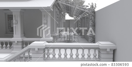 Large Asian-style villa with garden, pool and tennis court. The building and the territory with soft scattered shadows. 3d illustration. Large Asian-style villa with garden, pool and tennis court. The building and the territory with soft scattered shadows. 3d illustration. 83306593