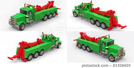 Set green cargo tow truck to transport other big trucks or various heavy machinery. 3d rendering. Set green cargo tow truck to transport other big trucks or various heavy machinery. 3d rendering. 83306605