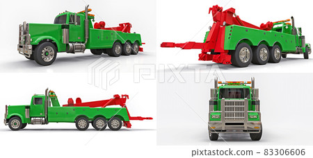 Set green cargo tow truck to transport other big trucks or various heavy machinery. 3d rendering. Set green cargo tow truck to transport other big trucks or various heavy machinery. 3d rendering. 83306606