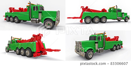Set green cargo tow truck to transport other big trucks or various heavy machinery. 3d rendering. Set green cargo tow truck to transport other big trucks or various heavy machinery. 3d rendering. 83306607