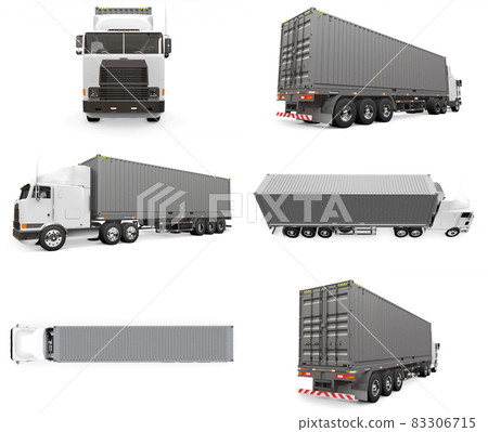 Set large retro white truck with a sleeping part and an aerodynamic extension carries a trailer with a sea container. 3d rendering. 83306715