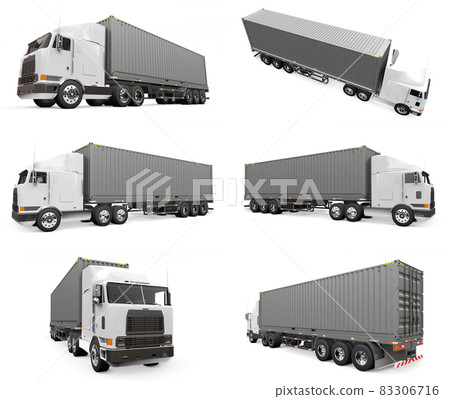 Set large retro white truck with a sleeping part and an aerodynamic extension carries a trailer with a sea container. 3d rendering. 83306716