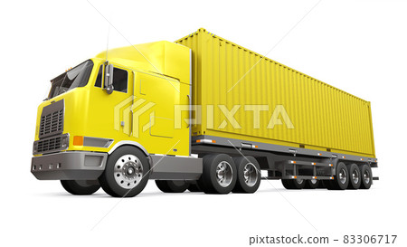 A large retro yellow truck with a sleeping part and an aerodynamic extension carries a trailer with a sea container. 3d rendering. A large retro yellow truck with a sleeping part and an aerodynamic extension carries a trailer with a sea container. 3d rendering. 83306717