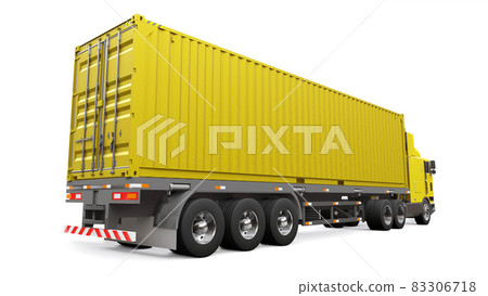 A large retro yellow truck with a sleeping part and an aerodynamic extension carries a trailer with a sea container. 3d rendering. 83306718