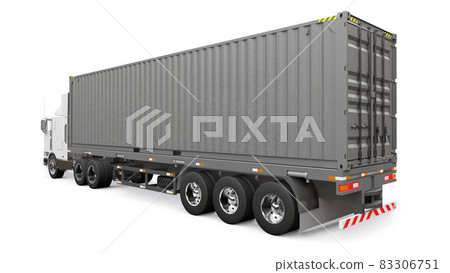 A large retro white truck with a sleeping part and an aerodynamic extension carries a trailer with a sea container. 3d rendering. A large retro white truck with a sleeping part and an aerodynamic extension carries a trailer with a sea container. 3d rendering. 83306751