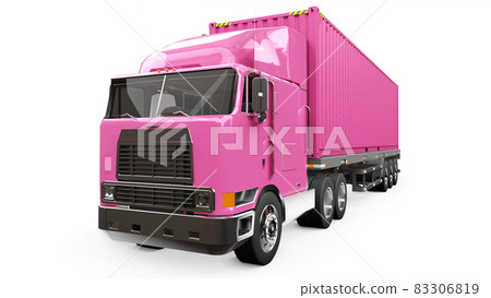 A large retro pink truck with a sleeping part and an aerodynamic extension carries a trailer with a sea container. 3d rendering. 83306819