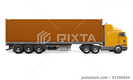 A large retro orange truck with a sleeping part and an aerodynamic extension carries a trailer with a sea container. 3d rendering. A large retro orange truck with a sleeping part and an aerodynamic extension carries a trailer with a sea container. 3d rendering. 83306844