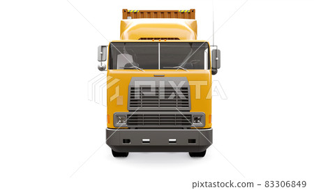 A large retro orange truck with a sleeping part and an aerodynamic extension carries a trailer with a sea container. 3d rendering. 83306849
