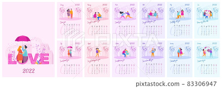 2022 annual calendar with heterosexual couple in love. 83306947