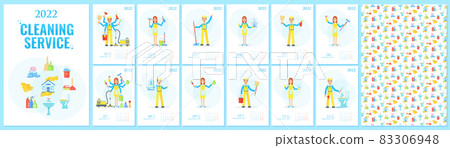 2022 vector annual calendar with cleaning company employees. 2022 vector annual calendar with cleaning company employees. 83306948