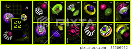 2022 calendar with 3D realistic vector shapes. Volumetric bright toys 2022 calendar with 3D realistic vector shapes. Volumetric bright toys 83306952