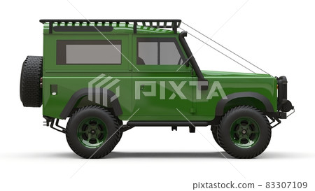 Green old small SUV tuned for difficult routes and expeditions. 3d rendering. Green old small SUV tuned for difficult routes and expeditions. 3d rendering. 83307109