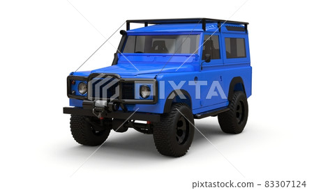 Blue old small SUV tuned for difficult routes and expeditions. 3d rendering. Blue old small SUV tuned for difficult routes and expeditions. 3d rendering. 83307124
