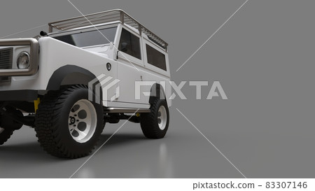 White old small SUV tuned for difficult routes and expeditions. 3d rendering. White old small SUV tuned for difficult routes and expeditions. 3d rendering. 83307146