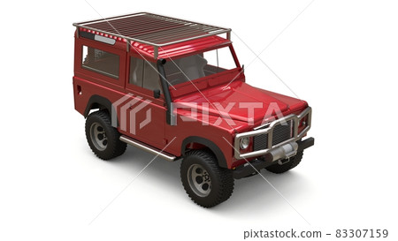 Red old small SUV tuned for difficult routes and expeditions. 3d rendering. Red old small SUV tuned for difficult routes and expeditions. 3d rendering. 83307159