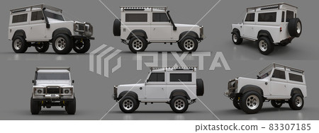 Set white old small SUV tuned for difficult routes and expeditions. 3d rendering. Set white old small SUV tuned for difficult routes and expeditions. 3d rendering. 83307185