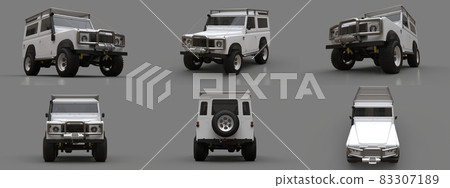 Set white old small SUV tuned for difficult routes and expeditions. 3d rendering. Set white old small SUV tuned for difficult routes and expeditions. 3d rendering. 83307189