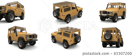 Set beige old small SUV tuned for difficult routes and expeditions. 3d rendering. 83307200