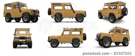Set beige old small SUV tuned for difficult routes and expeditions. 3d rendering. Set beige old small SUV tuned for difficult routes and expeditions. 3d rendering. 83307201
