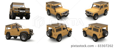 Set beige old small SUV tuned for difficult routes and expeditions. 3d rendering. 83307202