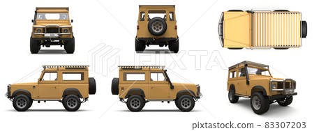 Set beige old small SUV tuned for difficult routes and expeditions. 3d rendering. Set beige old small SUV tuned for difficult routes and expeditions. 3d rendering. 83307203