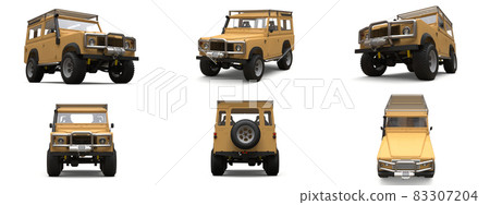 Set beige old small SUV tuned for difficult routes and expeditions. 3d rendering. 83307204