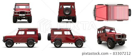 Set red old small SUV tuned for difficult routes and expeditions. 3d rendering. Set red old small SUV tuned for difficult routes and expeditions. 3d rendering. 83307212