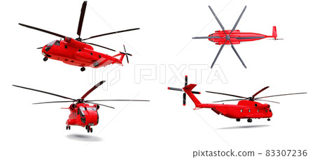 Set military transport or rescue red helicopter on white background. 3d illustration. Set military transport or rescue red helicopter on white background. 3d illustration. 83307236
