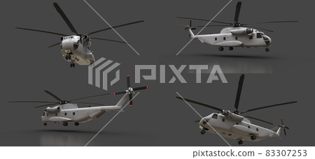 Set military transport or rescue helicopter on grey background. 3d illustration. Set military transport or rescue helicopter on grey background. 3d illustration. 83307253